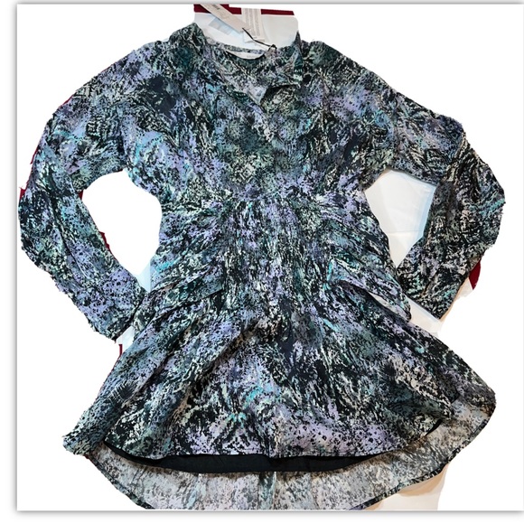 IRO DENIZ Blue Purple abstract DRESS NEW LUXURY A0554 Cotton Ruched Waist sz 34 - Picture 1 of 16